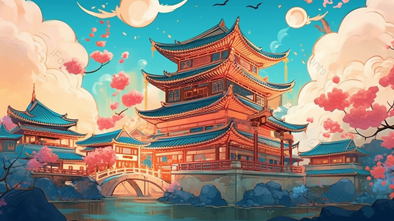 多云蓝色天空国潮古建筑湖景湖泊宫殿白云国风插画,插画/手绘图,插画/手绘图库,插画/手绘图下载,插画/手绘